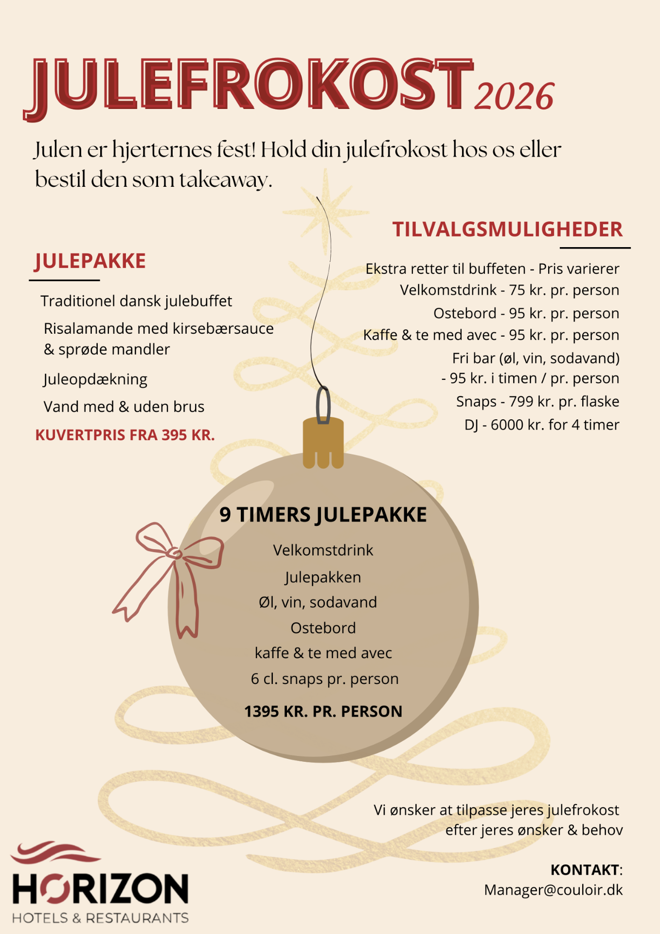 Julefrokost 2026 flyer – Hotel Frederiksværk – julepakke fra 395 kr. og 9 timers julepakke 1395 kr.