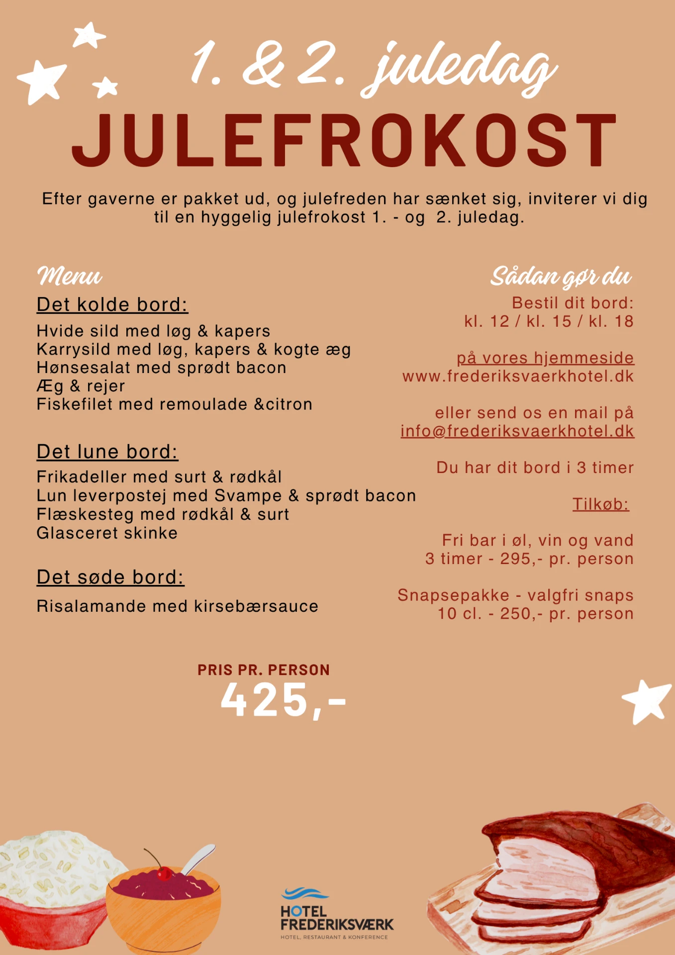 Flyer for julefrokost 1. og 2. juledag 2026 på Hotel Frederiksværk