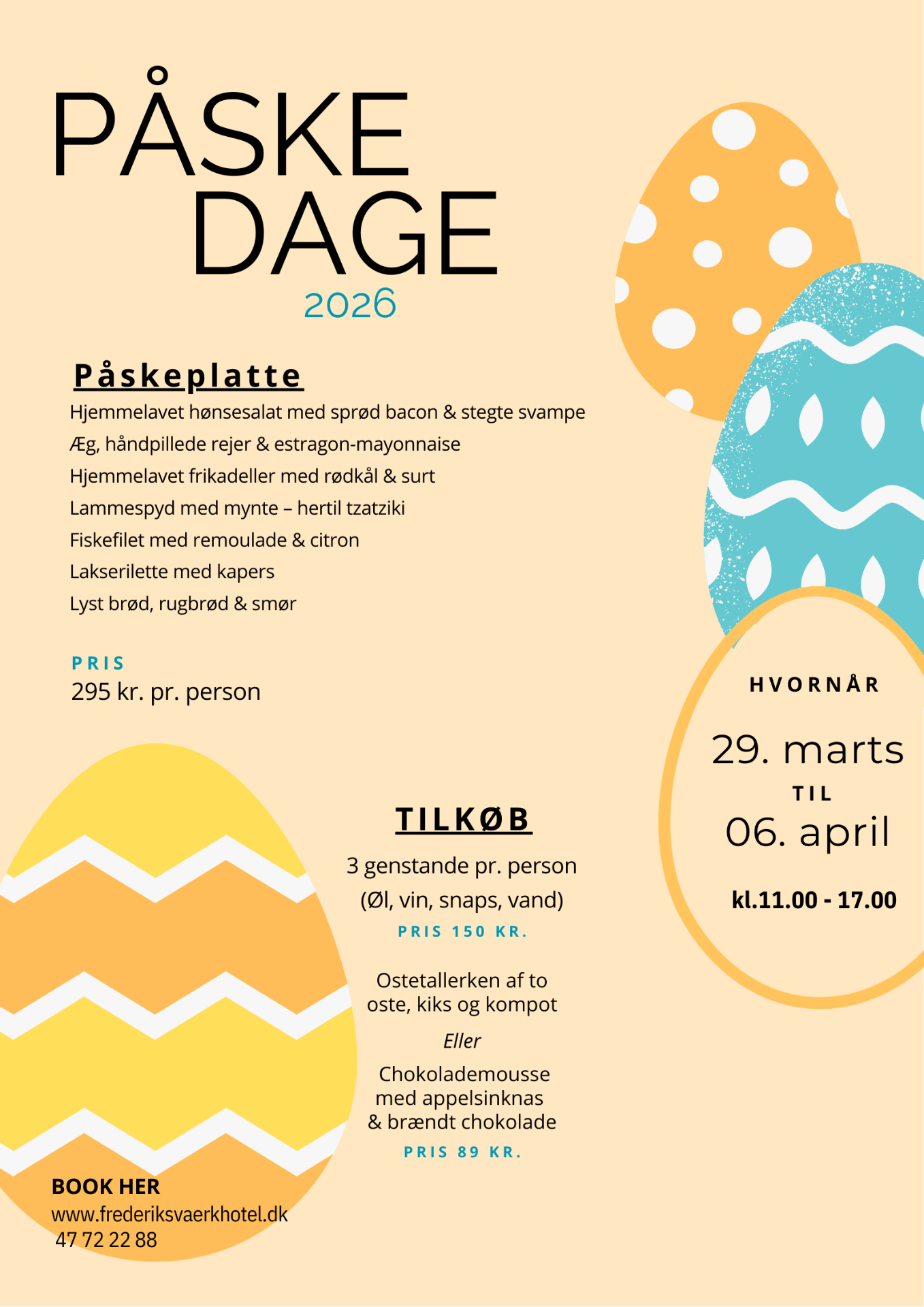 Påskedage 2026 flyer med menu og datoer